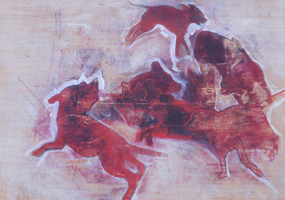  Title (Jugar Correr Rojo)s 43 X 43  Oil paint, glaze oil pencil, on panel.